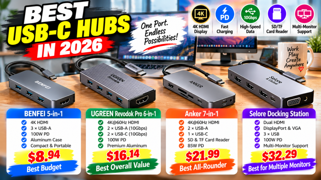 Best USB-C hubs 2026 comparison featuring UGREEN, Anker, BENFEI and Selore