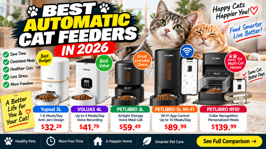 Best automatic cat feeders 2026 comparison featuring PETLIBRO, VOLUAS and Yuposl