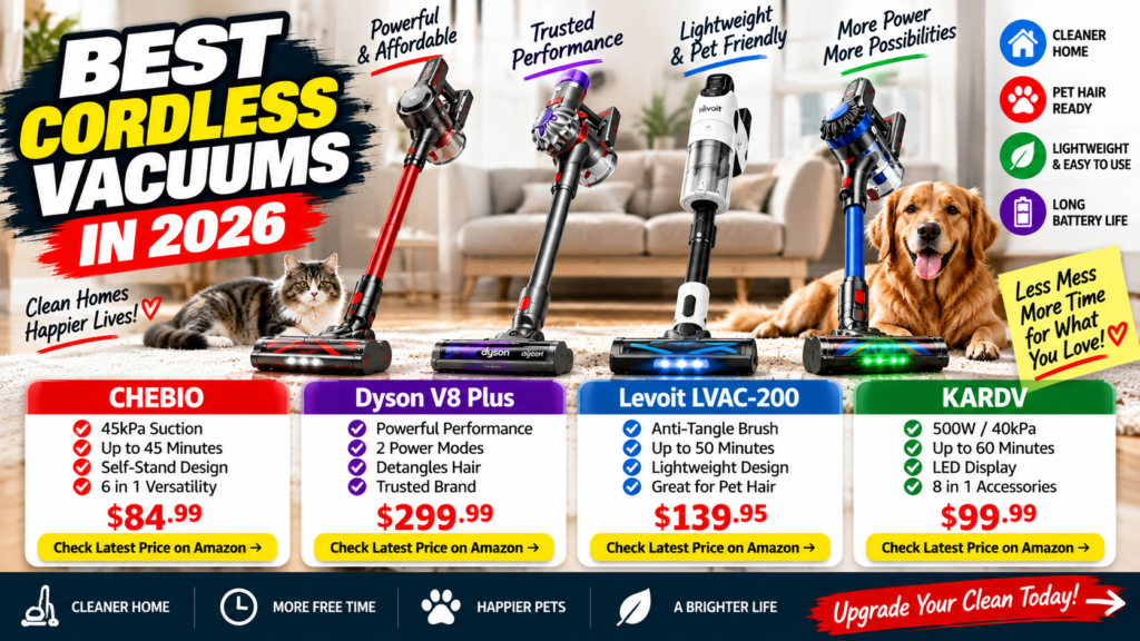 Best cordless vacuums 2026 comparison featuring Dyson V8 Plus, Levoit LVAC-200, KARDV and CHEBIO