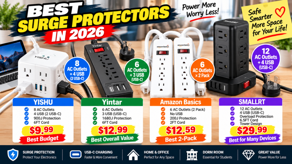 Best surge protectors 2026 comparison featuring Yintar, SMALLRT, YISHU and Amazon Basics